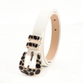 White faux leather Y2K belt with gold leopard pattern buckle for women's jeans - White