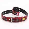 Red plaid canvas belt with floral eyelets and silver buckle for women's fashion - Red
