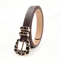 Slim dark brown leather belt for women with golden buckle and black enamel accents - Coffee