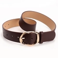 Women's dark brown PU leather belt with oval gold buckle and polished finish - Coffee