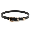 Women's black faux leather belt with gold oval buckle and metal tip accessory - Black