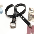 Cintura da donna nera con fibbia floreale argento e motivo a coccodrillo - Nero