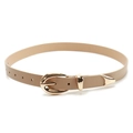 Minimalist beige leather belt set for women with polished gold oval buckle and metal tip - Khaki