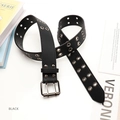 Black double grommet belt with silver twin pin buckle in a punk aesthetic style - Black