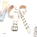 White PU leather belt featuring double row metal eyelets and a classic twin pin buckle - White