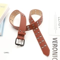 Camel brown faux leather belt with double row metal eyelets and dual pin buckle - Camel