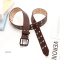 Hip hop style coffee brown faux leather belt with double eyelets and metal buckle - Coffee