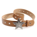 Brown punk style leather belt featuring a large silver star buckle and metal star studs - Camel