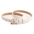 Minimalist beige leather belt for women featuring a stylish gold curved metal buckle - White