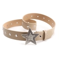 Khaki leather punk belt featuring vintage star buckle and star-shaped hollow rivets - Khaki