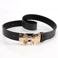 Women's black leather belt with a decorative gold bow buckle for jeans and dresses - Black