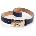 Navy blue glittery PU leather women's belt featuring a golden metallic bow buckle - Navy Blue