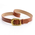 Brown leather belt for women featuring a matte gold irregular square buckle and fine stitching - Camel
