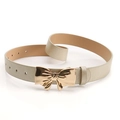 Slim pale gold glitter PU leather belt with golden bow buckle for women's jeans - Gold