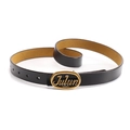 Cintura classica in pelle nera con fibbia ovale dorata e scritta artistica Julun - Fibbia Oro Nero