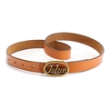 Cintura in pelle marrone con fibbia ovale dorata vintage e scritta artistica Julun - Fibbia Dorata Cammello
