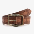 Brauner Vintage-Ledergürtel mit klassischen Blumendrucken und antiker Bronzeschnalle - Camel