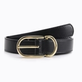 Cintura minimalista in pelle nera da donna con fibbia ovale dorata lucida e cuciture fini - Nero