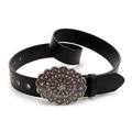 Black western faux leather belt for women with vintage floral silver buckle and rhinestones - Rhinestone Hollow Floral Buckle (961) - Black