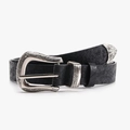 Cinturón retro de cuero negro grabado con hebilla plateada de estilo occidental - Negro