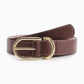 Minimalist dark brown leather belt for women featuring a vintage gold pin buckle - Coffee