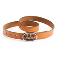 Light brown leather belt for women featuring a silver oval metal buckle with logo - Silver Buckle Camel