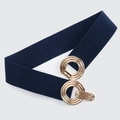 Navy blue elastic waist belt with interlocking gold alloy double rings and texture - Navy Blue