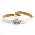 Minimalist white leather belt for women featuring a silver oval buckle with Julun logo - White With Silver Buckle