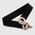 Cinturón elástico negro para mujer con una elegante hebilla de doble anillo dorado - Negro Perlado
