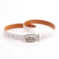 Elegant white leather belt for women featuring a quilted pattern and oval metal buckle - White With Silver Buckle
