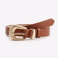 Cinturón marrón para mujer con hebilla dorada vintage y costuras amarillas decorativas - Camel
