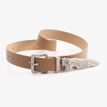 Vintage light brown leather belt with silver engraved floral buckle and metal relief tip - Khaki