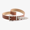Vintage brown leather belt with bohemian silver floral carved buckle and metal tip set - Camel