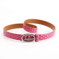 Pink quilted leather belt with silver oval buckle and white contrast stitching detail - Rose Red With Silver Buckle
