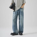 Jeans da uomo a gamba larga in denim lavato azzurro con finitura vintage invecchiata - S / Blu
