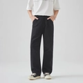 Men's loose straight-leg cotton casual pants in black with knee seam detail - S / Black