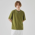 Men's loose round neck short sleeve T-shirt in dark olive green with a minimalist design - L / Green