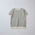 Gebreid T-shirt met korte mouwen en zwarte horizontale strepen op een crème basis - S / Abrikoos