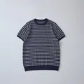 Nauwsluitend gebreid heren-T-shirt met marineblauwe en witte strepen en een ronde hals - S / Marineblauw