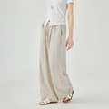 Women's beige wide-leg drawstring pants in a minimalist cotton-linen blend style - S / Apricot