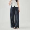 Navy blue wide-leg casual pants with drawstring waist and textured lightweight fabric - S / Navy Blue