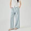 Pantaloni casual a gamba larga celeste da donna con vita alta e cintura coordinata - S / Azzurro