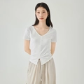 Slim fit white V-neck short sleeve T-shirt with front buttons and ribbed texture - S / White