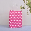 Détail du sac cadeau en papier kraft rose à pois blancs avec des poignées en corde torsadée - Rouge Rose