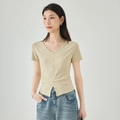 Slim fit cream V-neck short sleeve top with button-down front and side slit detail - S / Apricot