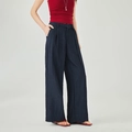 Pantaloni a gamba larga blu scuro a vita alta con cintura coordinata da donna - Taglia S / Blu navy
