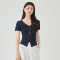 Slim fit navy blue V-neck short sleeve T-shirt with button-up detail for women - S / Royal Blue