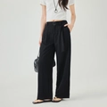 Pantaloni neri a vita alta a gamba larga da donna con cintura a coulisse e trama stropicciata - S / Nero