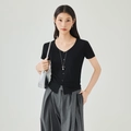 Slim fit black V-neck short sleeve T-shirt with button front and side slit detail - S / Black