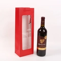 Detail view of red wine gift paper bag with transparent PVC window and sturdy rope handle - Red With Window